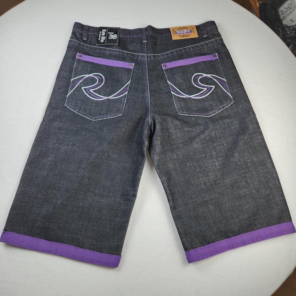 Raw Blue Mens Black Denim Shorts Jorts Purple Stitching Y2K Baggy Skater 38 NWT